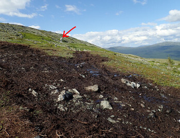The ground is disturbed with tracks from the ATVs, with red arrow is marked the 4m monument.