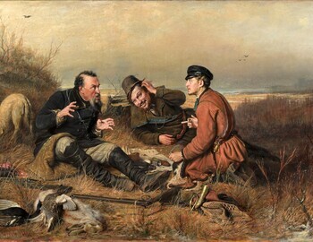Renowned 1871 oil painting "The Hunters at Rest" (aka "Hunters Resting") by Russian realist artist Vasily Perov