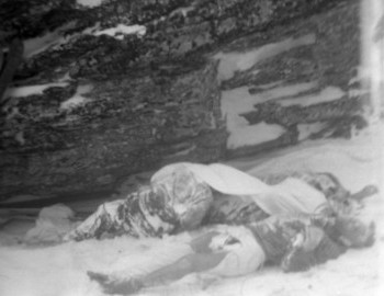 Zina Kolmogorova and Yuri Krivonischenko at the Boot Rock waited to be lifted to the Ivdel morgue