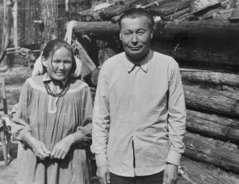 Aleksandra Vasilyevna Anyamova and Nikolay Vasilyevich, daughter Liza, 1975, the first yurt.